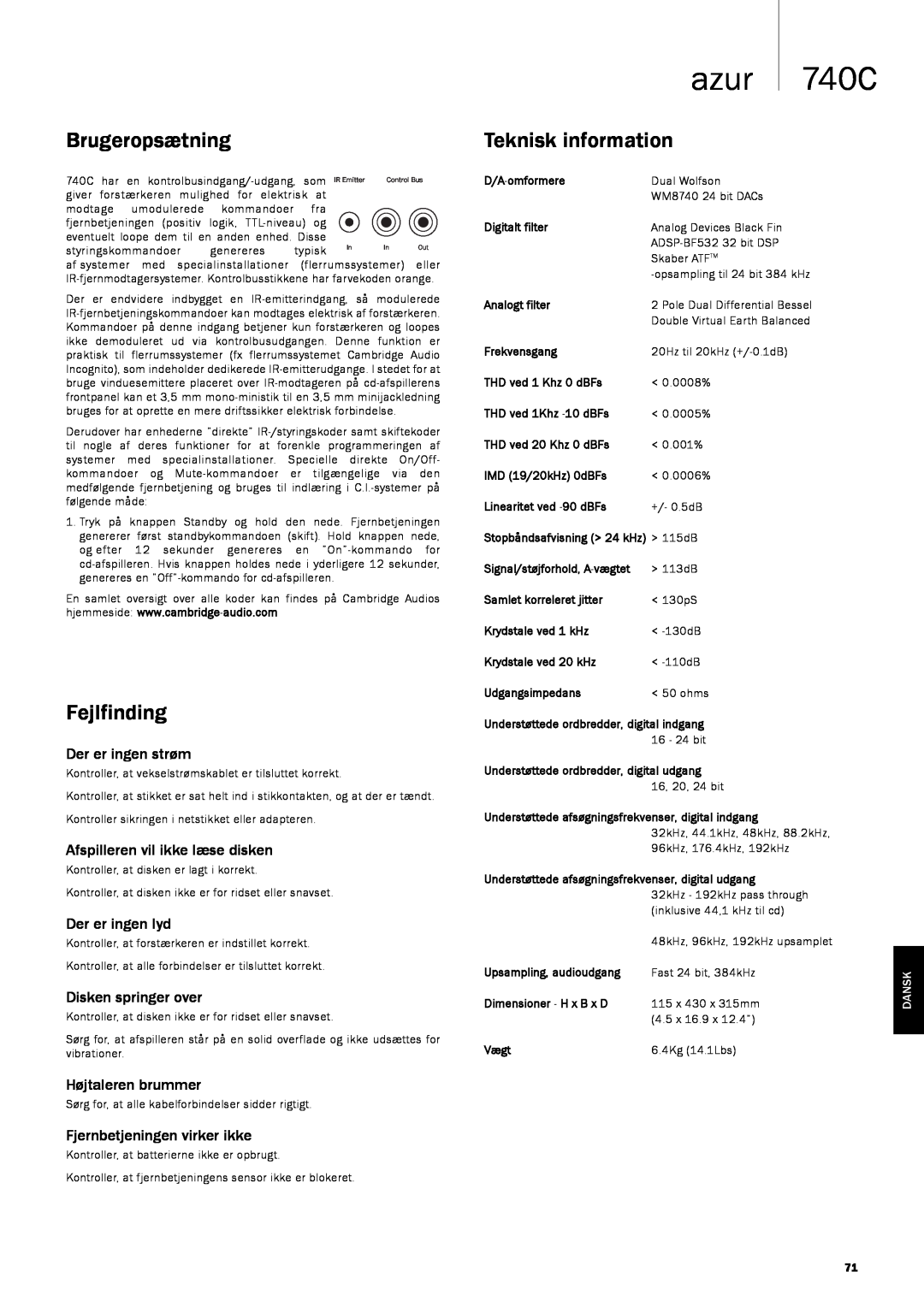 Cambridge Audio 740C Brugeropsætning, Fejlfinding, Teknisk information, azur, Der er ingen strøm, Der er ingen lyd, Dansk 