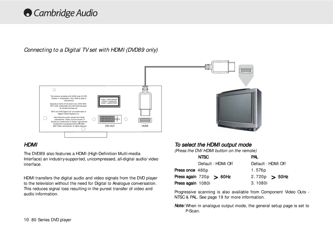 Cambridge Audio 80 Series manual Connecting to a Digital TV set with Hdmi DVD89 only 