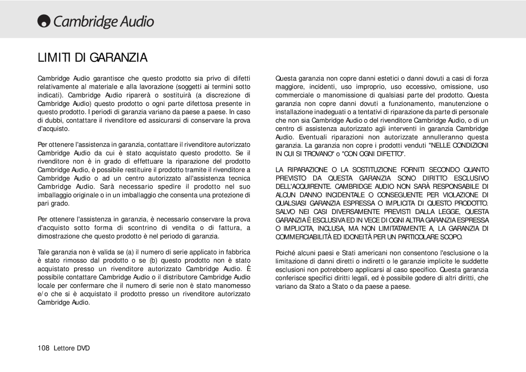 Cambridge Audio 80 Series manual Limiti DI Garanzia 