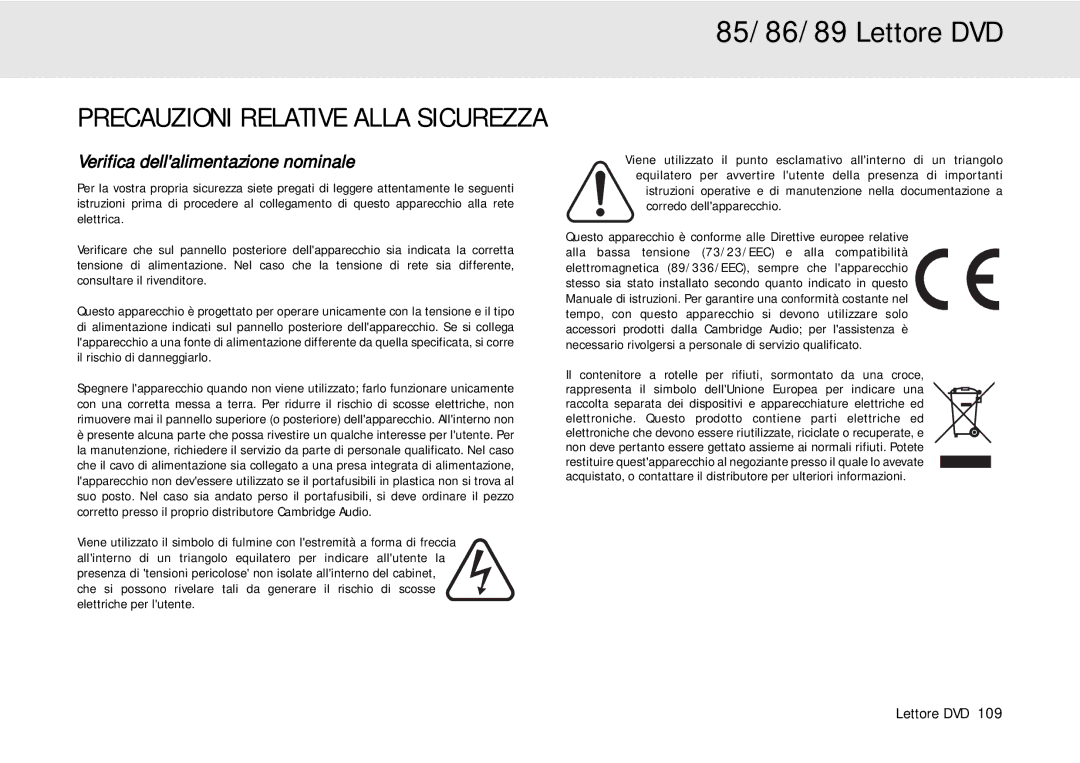 Cambridge Audio 80 Series manual Precauzioni Relative Alla Sicurezza, Verifica dellalimentazione nominale 