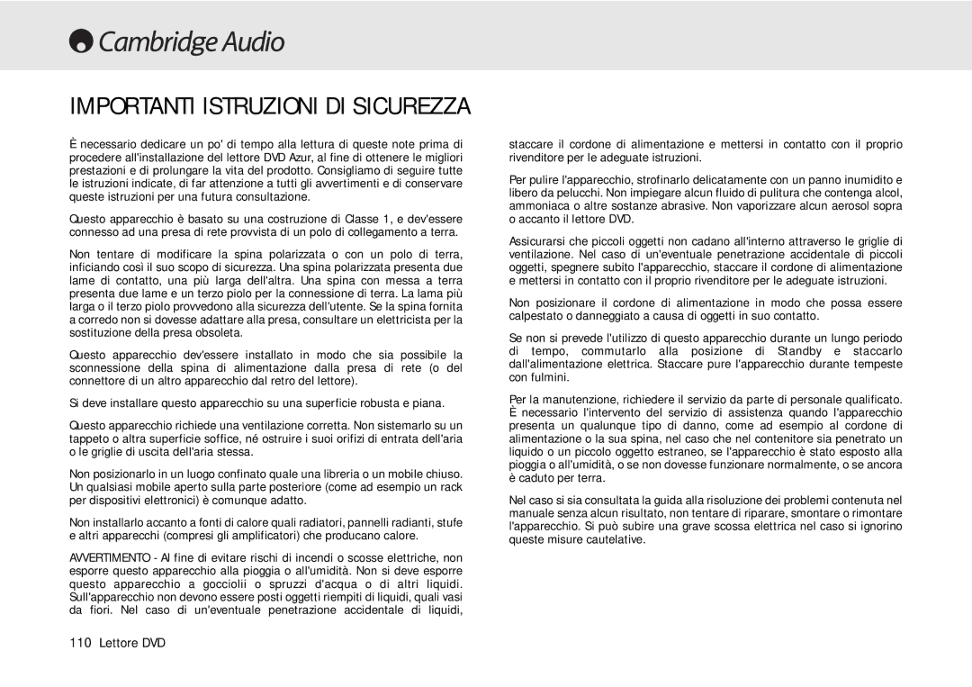 Cambridge Audio 80 Series manual Importanti Istruzioni DI Sicurezza 