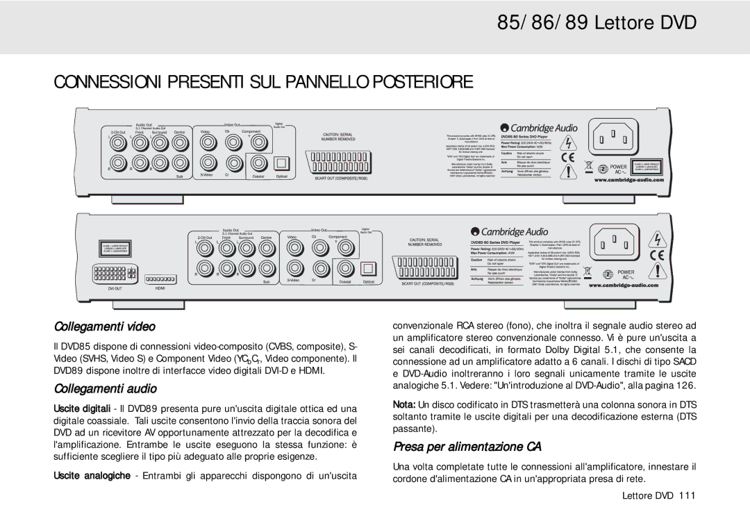 Cambridge Audio 80 Series manual Connessioni Presenti SUL Pannello Posteriore, Collegamenti video, Collegamenti audio 