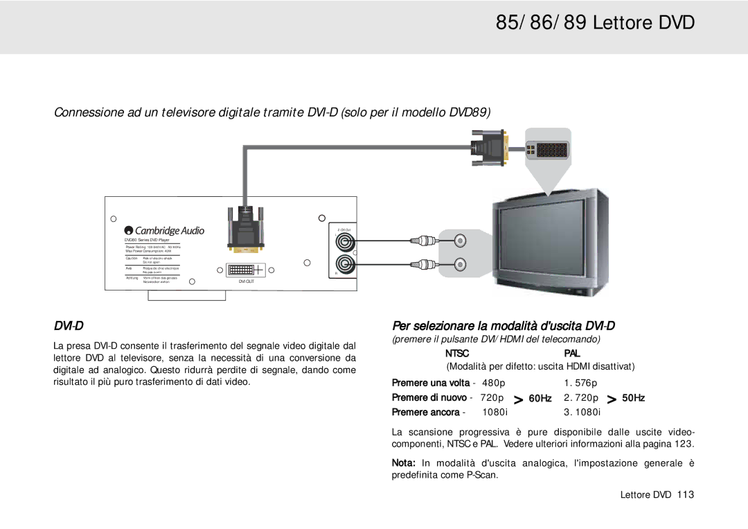 Cambridge Audio 80 Series Per selezionare la modalità duscita DVI-D, Modalità per difetto uscita Hdmi disattivat, 1080i 