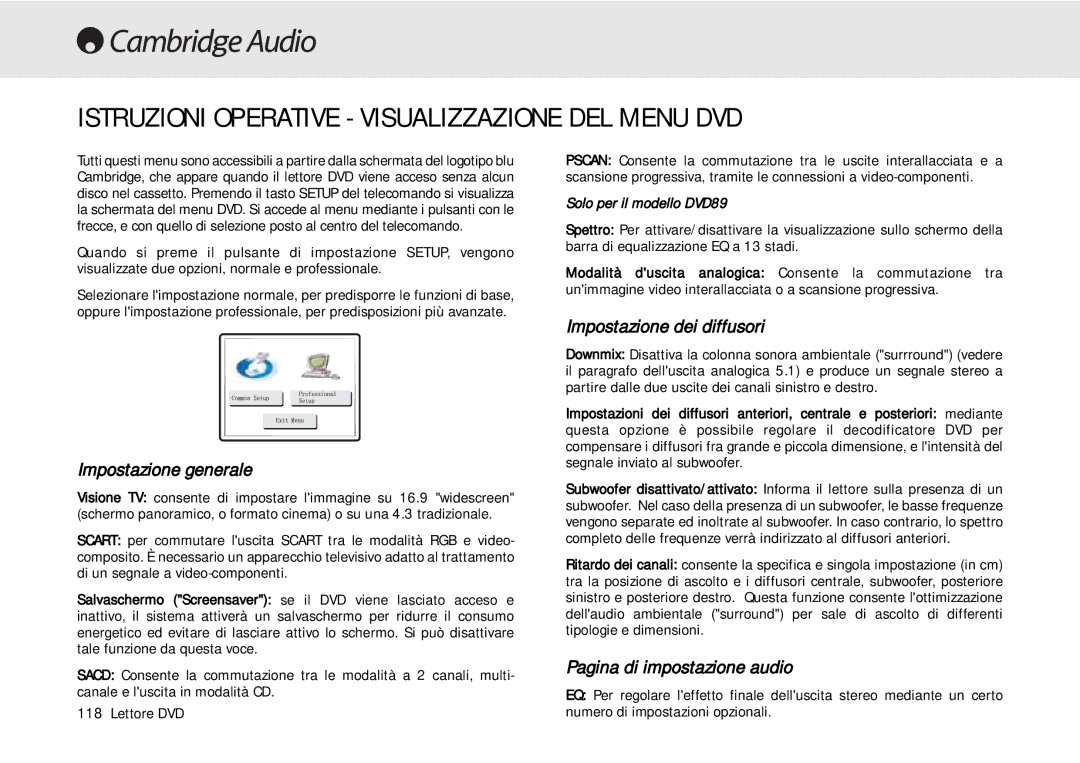 Cambridge Audio 80 Series manual Istruzioni Operative Visualizzazione DEL Menu DVD, Impostazione generale 