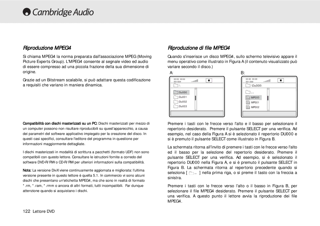 Cambridge Audio 80 Series manual Riproduzione MPEG4, Riproduzione di file MPEG4 