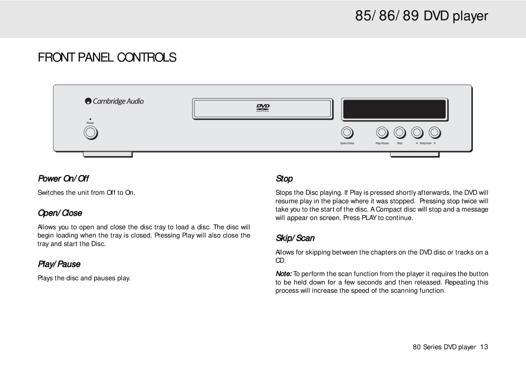 Cambridge Audio 80 Series manual Front Panel Controls 