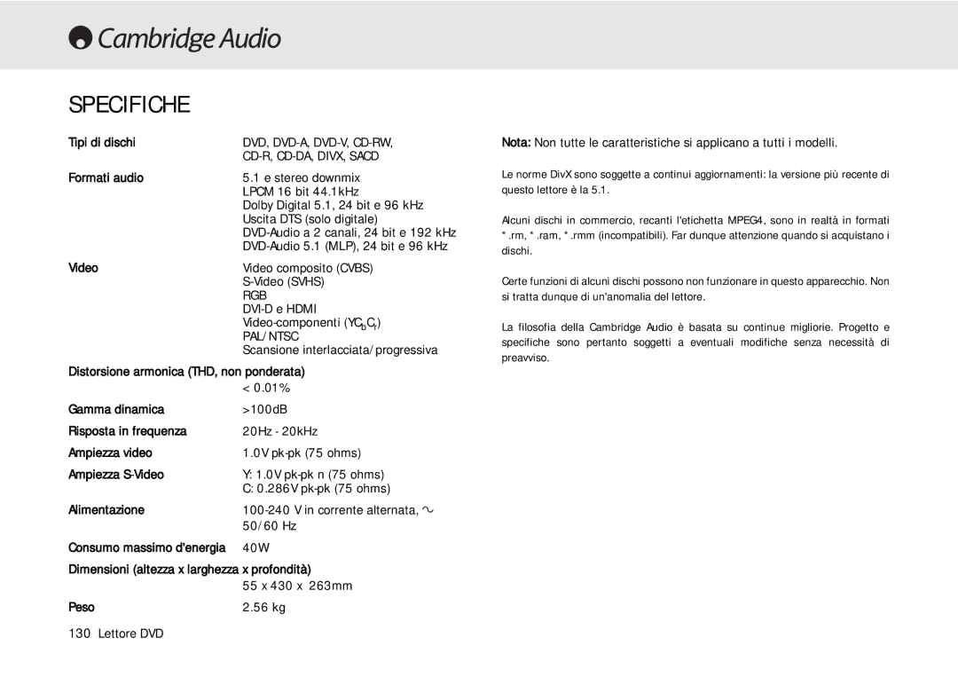 Cambridge Audio 80 Series manual Specifiche 