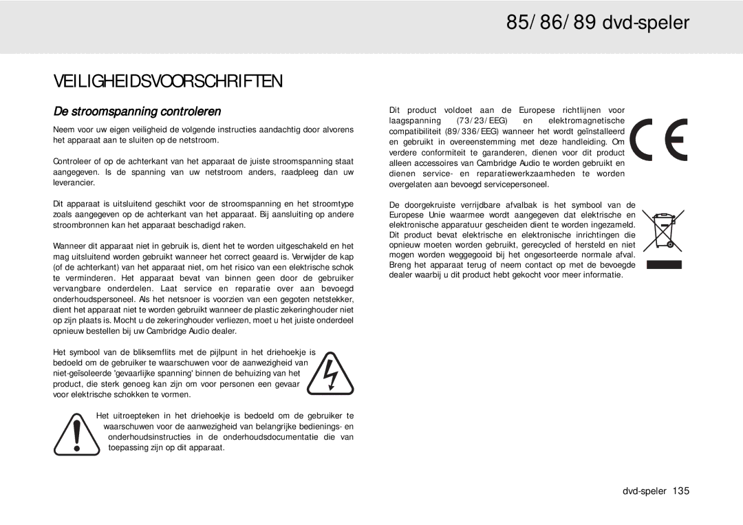 Cambridge Audio 80 Series manual Veiligheidsvoorschriften, De stroomspanning controleren 