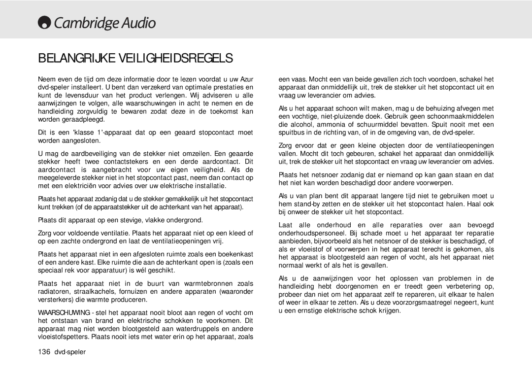 Cambridge Audio 80 Series manual Belangrijke Veiligheidsregels, Plaats dit apparaat op een stevige, vlakke ondergrond 