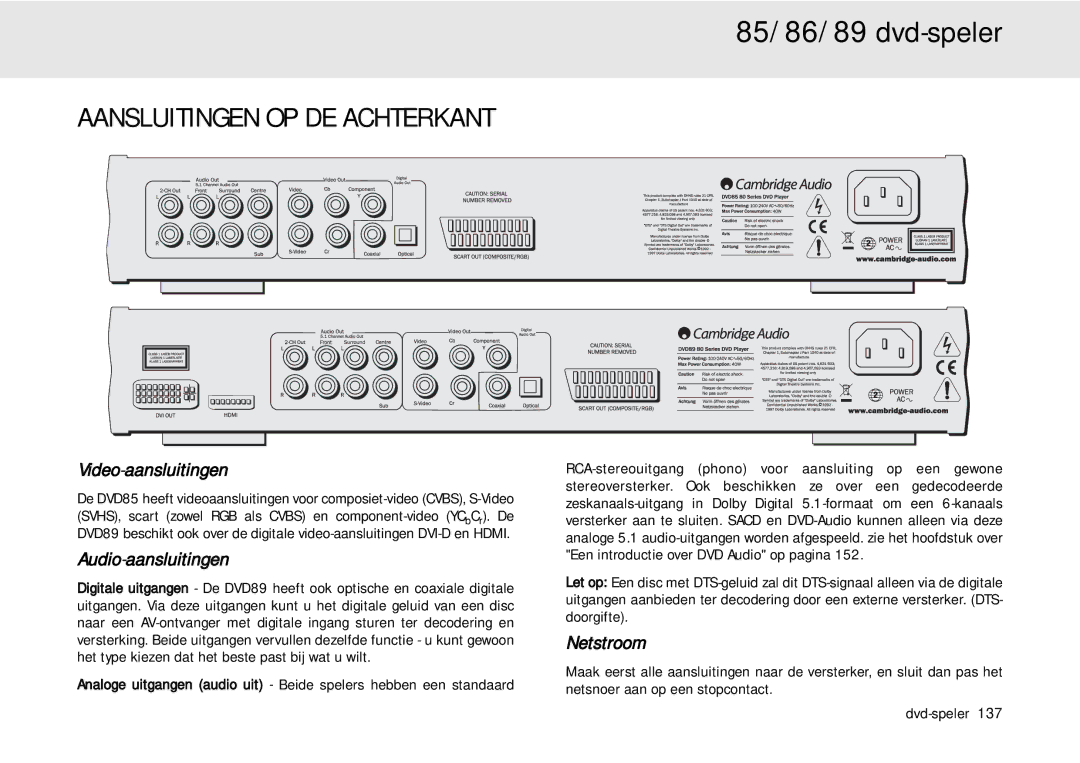 Cambridge Audio 80 Series manual Aansluitingen OP DE Achterkant, Video-aansluitingen, Audio-aansluitingen, Netstroom 