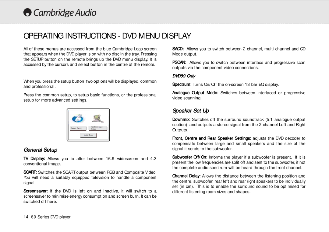 Cambridge Audio 80 Series manual Operating Instructions DVD Menu Display, General Setup, Speaker Set Up 