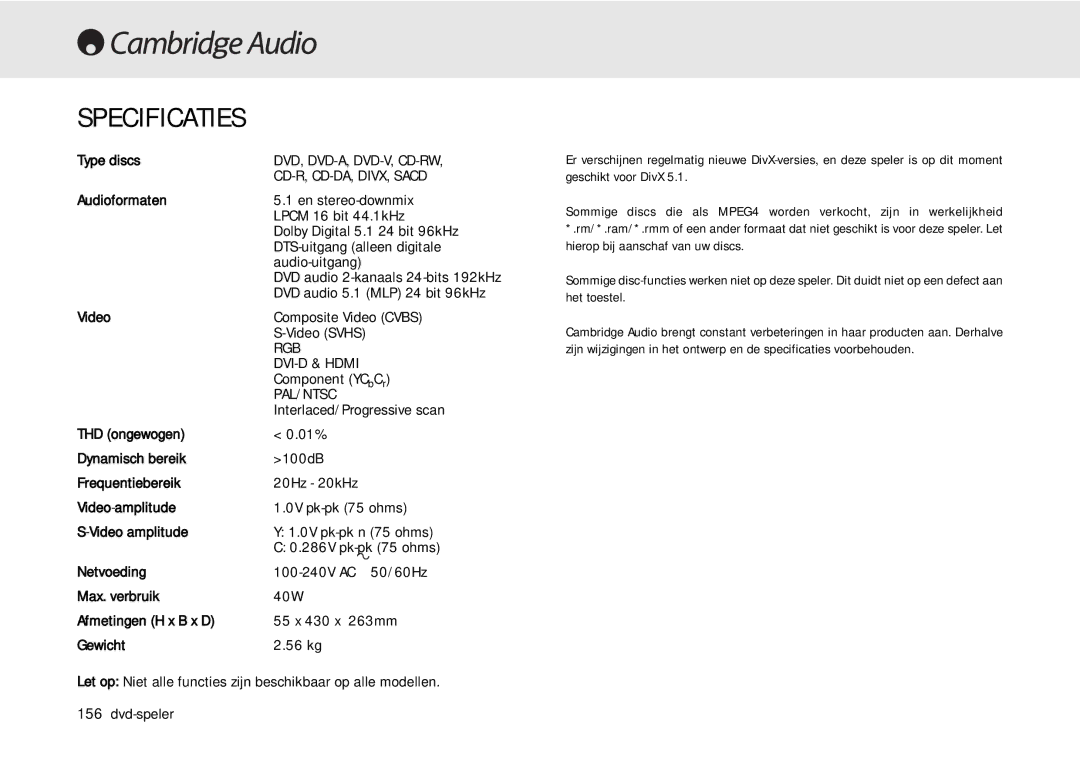 Cambridge Audio 80 Series manual Specificaties 