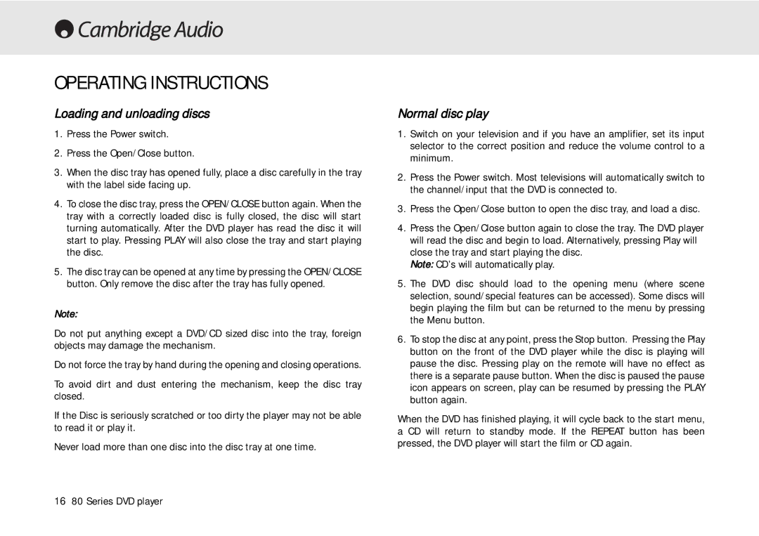 Cambridge Audio 80 Series manual Operating Instructions, Loading and unloading discs, Normal disc play 