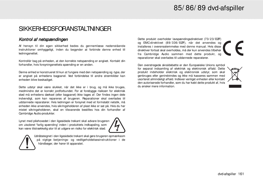 Cambridge Audio 80 Series manual Sikkerhedsforanstaltninger, Kontrol af netspændingen 