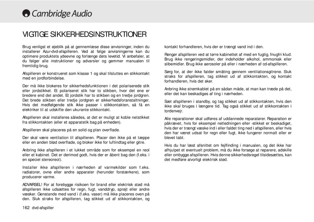 Cambridge Audio 80 Series manual Vigtige Sikkerhedsinstruktioner 