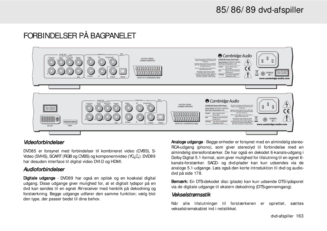 Cambridge Audio 80 Series manual Forbindelser PÅ Bagpanelet, Videoforbindelser, Audioforbindelser, Vekselstrømsstik 