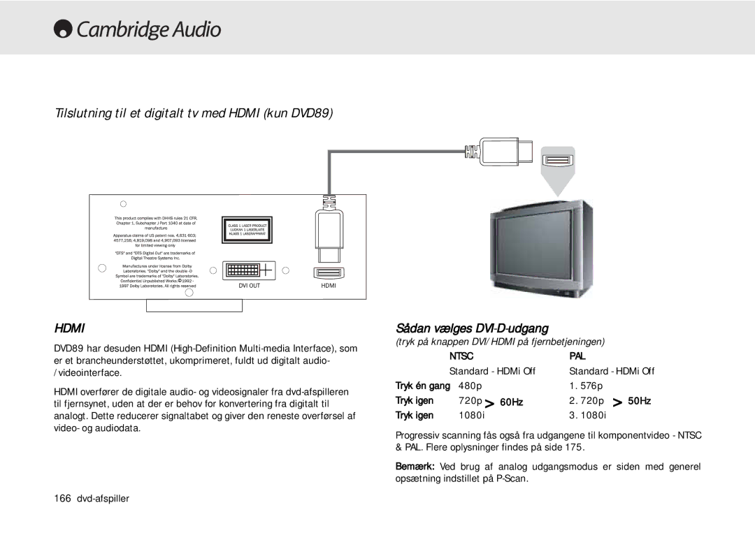 Cambridge Audio 80 Series manual Tilslutning til et digitalt tv med Hdmi kun DVD89 