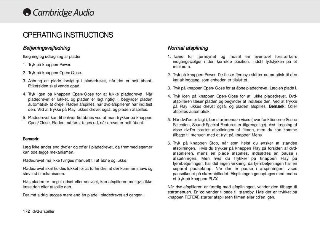 Cambridge Audio 80 Series manual Betjeningsvejledning, Normal afspilning, Bemærk 