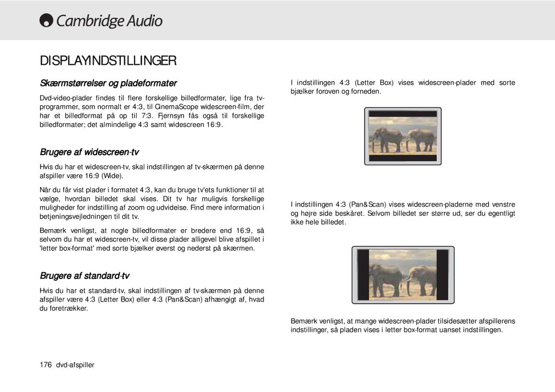 Cambridge Audio 80 Series manual Displayindstillinger, Skærmstørrelser og pladeformater, Brugere af widescreen-tv 