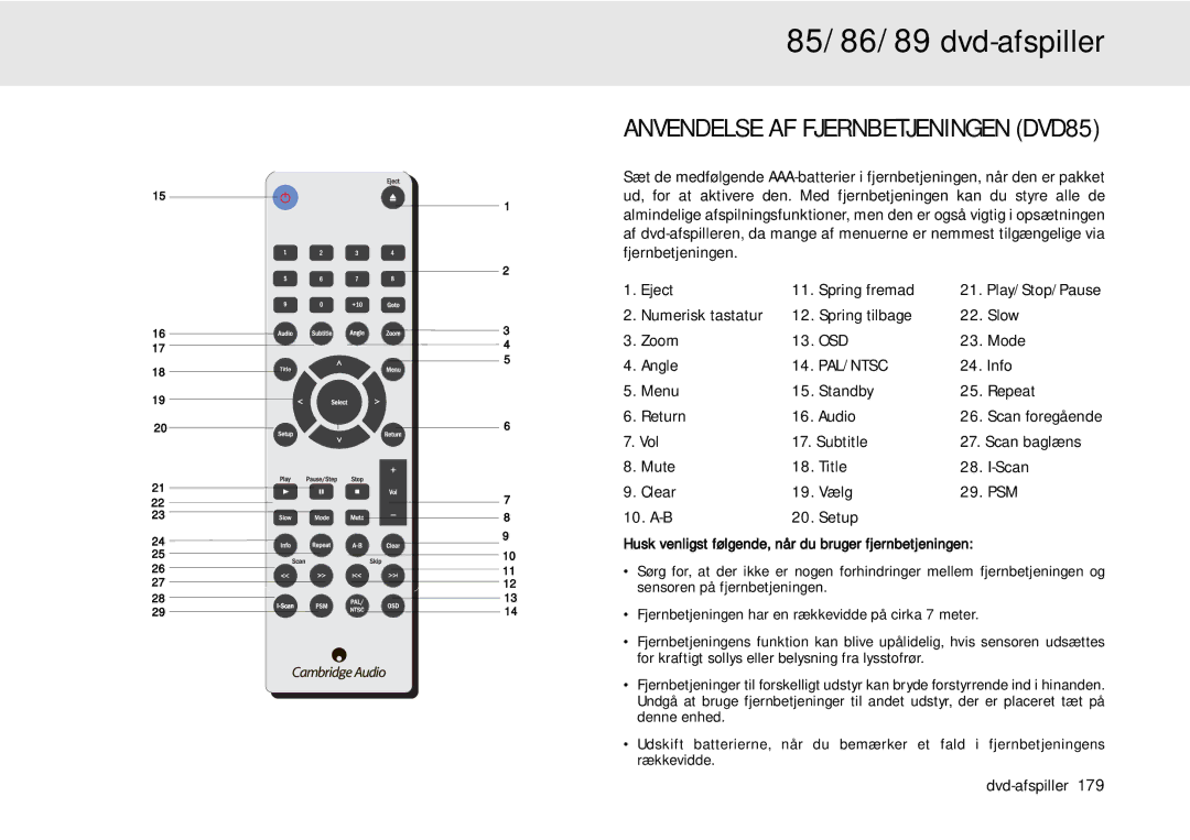 Cambridge Audio 80 Series manual Numerisk tastatur Spring tilbage Slow Zoom, Menu Standby Repeat Return Audio 