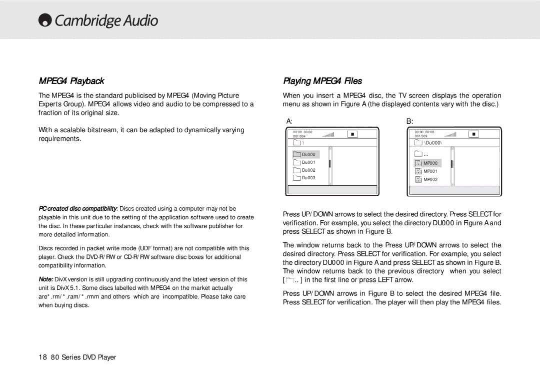 Cambridge Audio manual MPEG4 Playback, Playing MPEG4 Files, 18 80 Series DVD Player 