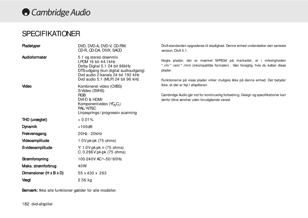 Cambridge Audio 80 Series manual Specifikationer 