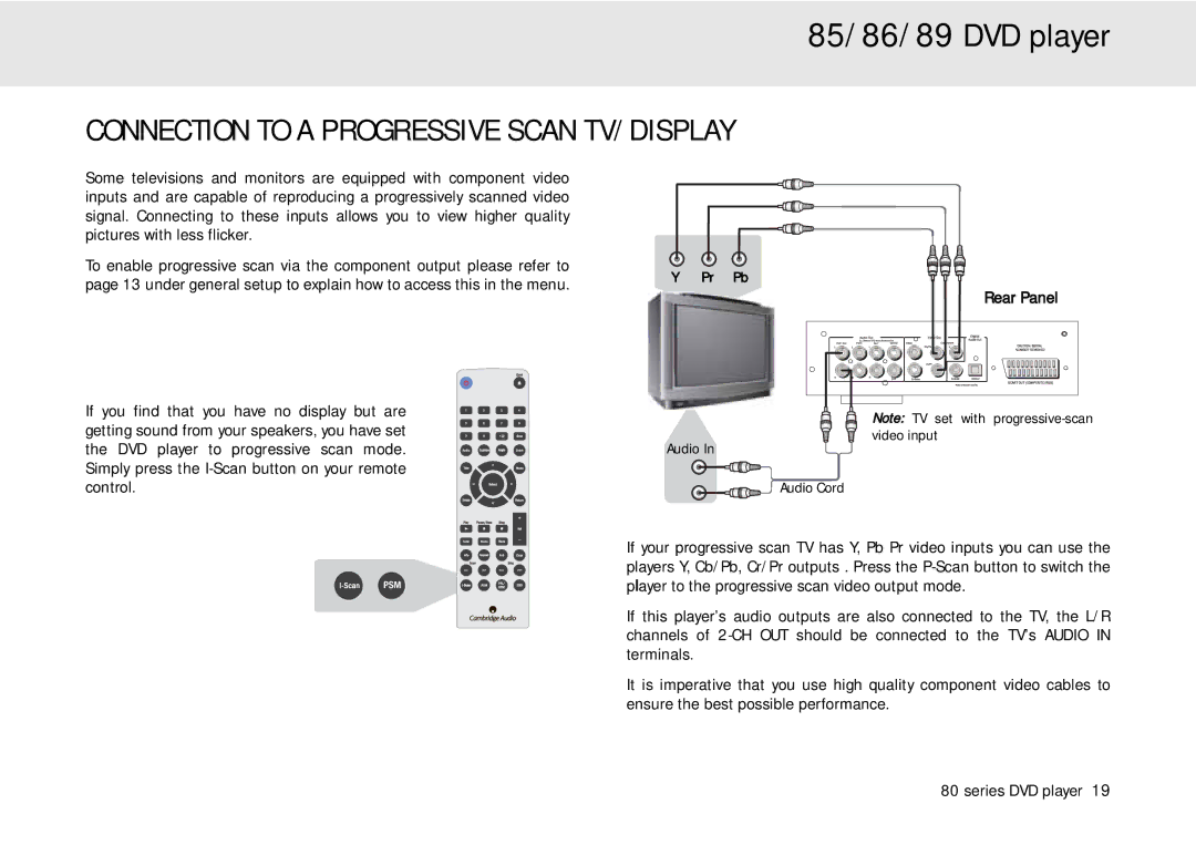 Cambridge Audio 80 Series manual Connection to a Progressive Scan TV/DISPLAY 