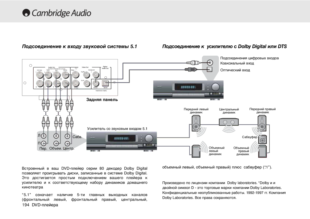 Cambridge Audio 80 Series manual Подсоединение к усилителю с Dolby Digital или DTS, Подсоединение к входу звуковой системы 