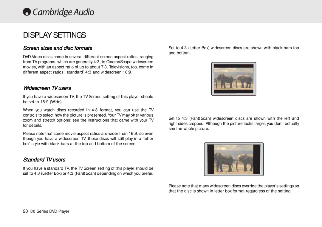 Cambridge Audio 80 Series manual Display Settings, Screen sizes and disc formats, Widescreen TV users, Standard TV users 