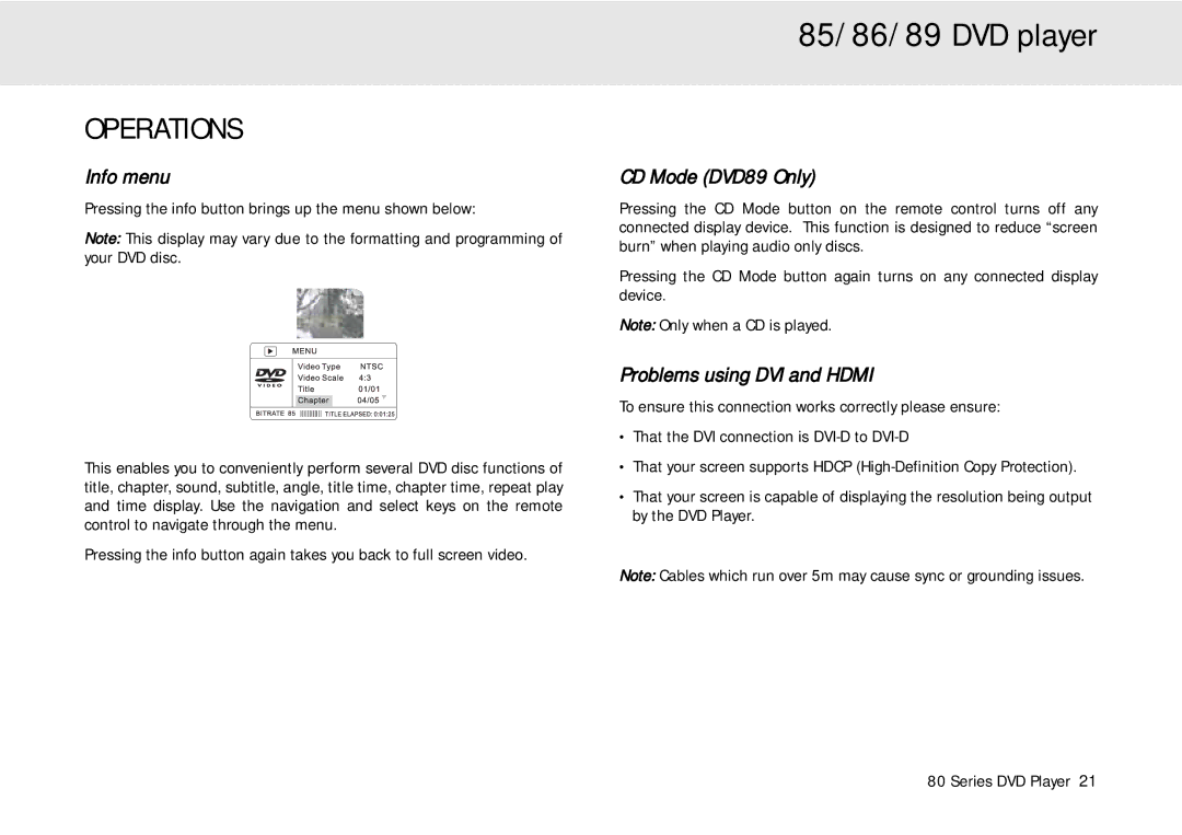 Cambridge Audio 80 Series manual Operations, Info menu, CD Mode DVD89 Only, Problems using DVI and Hdmi 