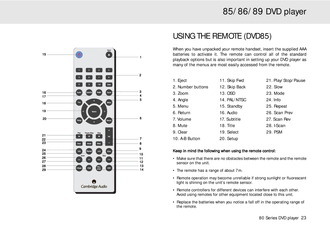 Cambridge Audio 80 Series manual Using the Remote DVD85 