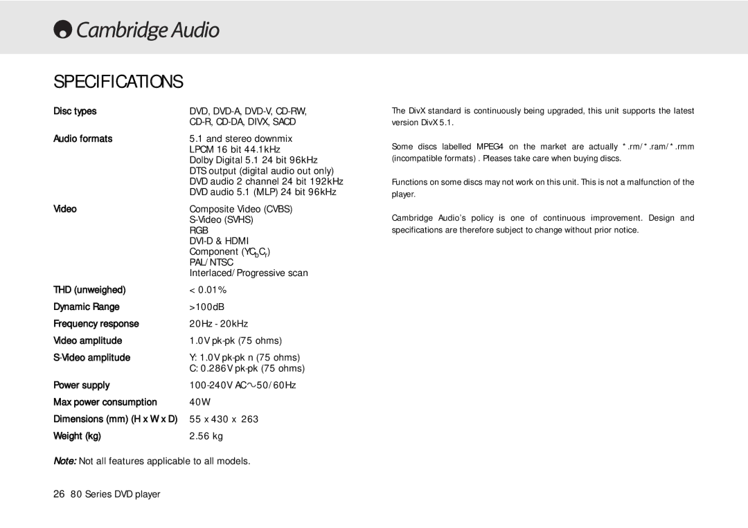 Cambridge Audio 80 Series manual Specifications 