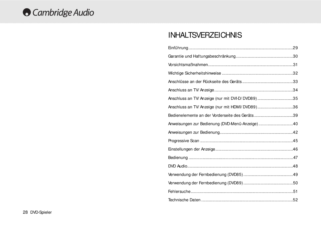 Cambridge Audio 80 Series manual Inhaltsverzeichnis, DVD-Spieler 