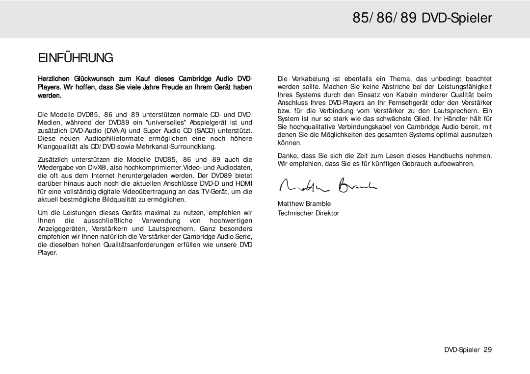 Cambridge Audio 80 Series manual Einführung, Matthew Bramble Technischer Direktor DVD-Spieler 