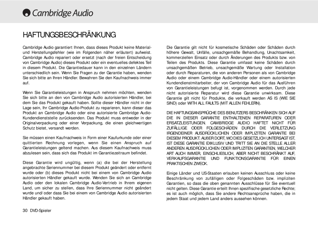 Cambridge Audio 80 Series manual Haftungsbeschränkung 