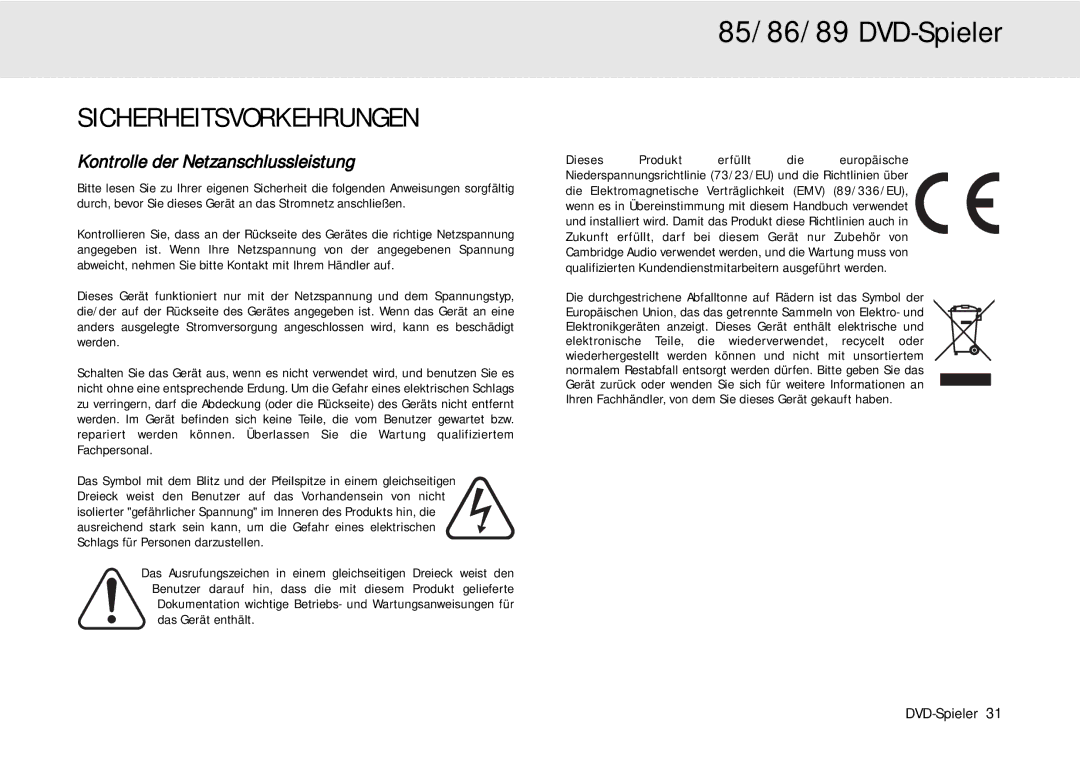 Cambridge Audio 80 Series manual Sicherheitsvorkehrungen, Kontrolle der Netzanschlussleistung 