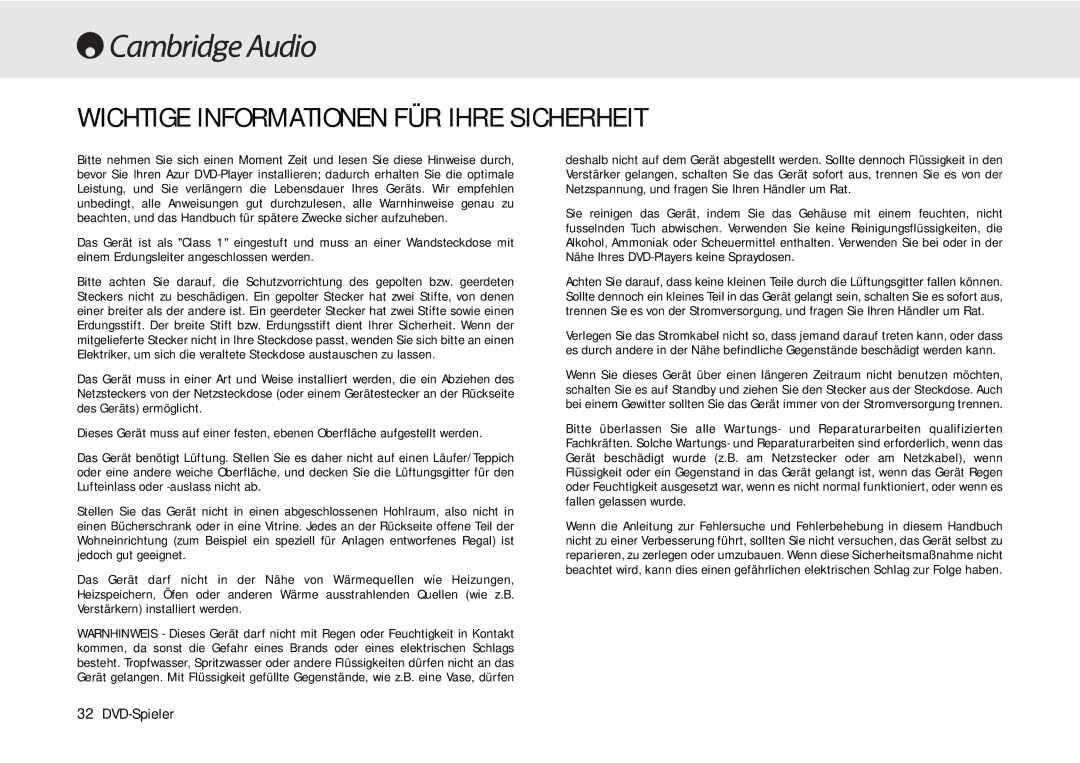 Cambridge Audio 80 Series manual Wichtige Informationen FÜR Ihre Sicherheit 