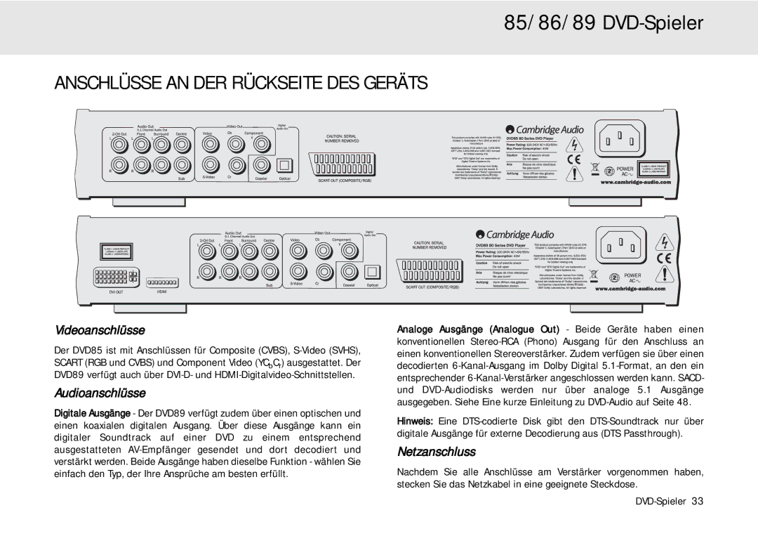 Cambridge Audio 80 Series manual Anschlüsse AN DER Rückseite DES Geräts, Videoanschlüsse, Audioanschlüsse, Netzanschluss 