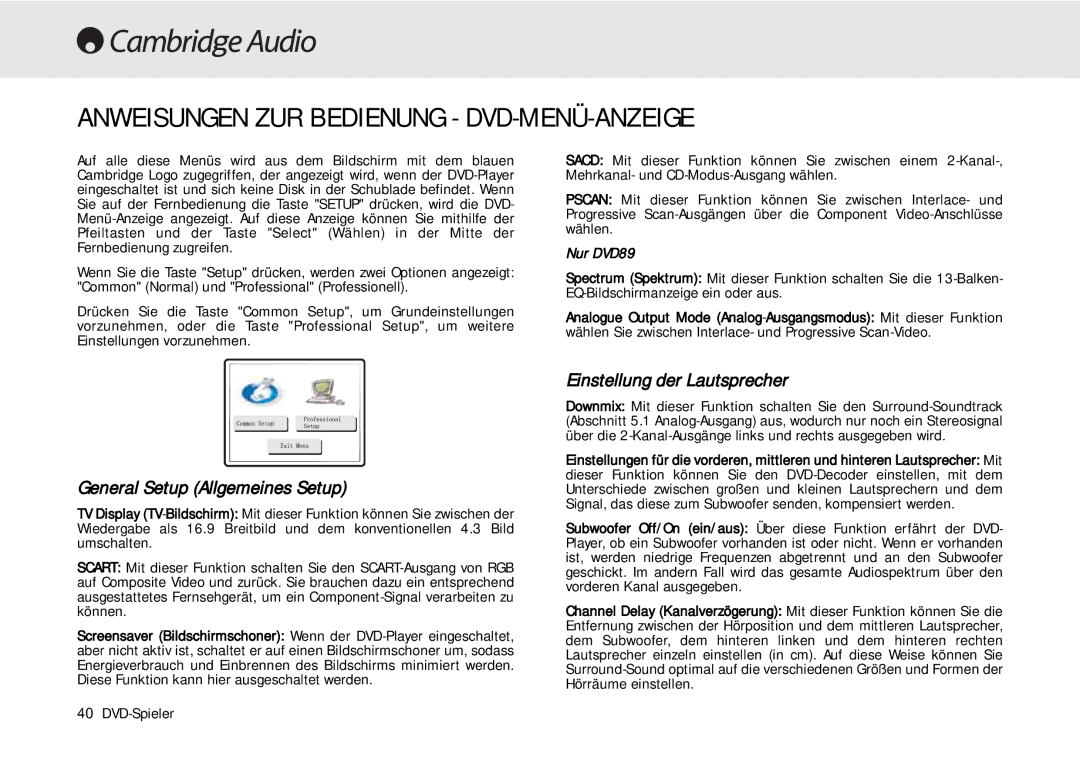 Cambridge Audio 80 Series manual Anweisungen ZUR Bedienung DVD-MENÜ-ANZEIGE, General Setup Allgemeines Setup 