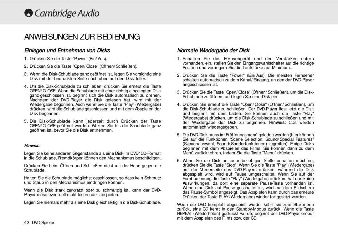 Cambridge Audio 80 Series manual Anweisungen ZUR Bedienung, Einlegen und Entnehmen von Disks, Normale Wiedergabe der Disk 