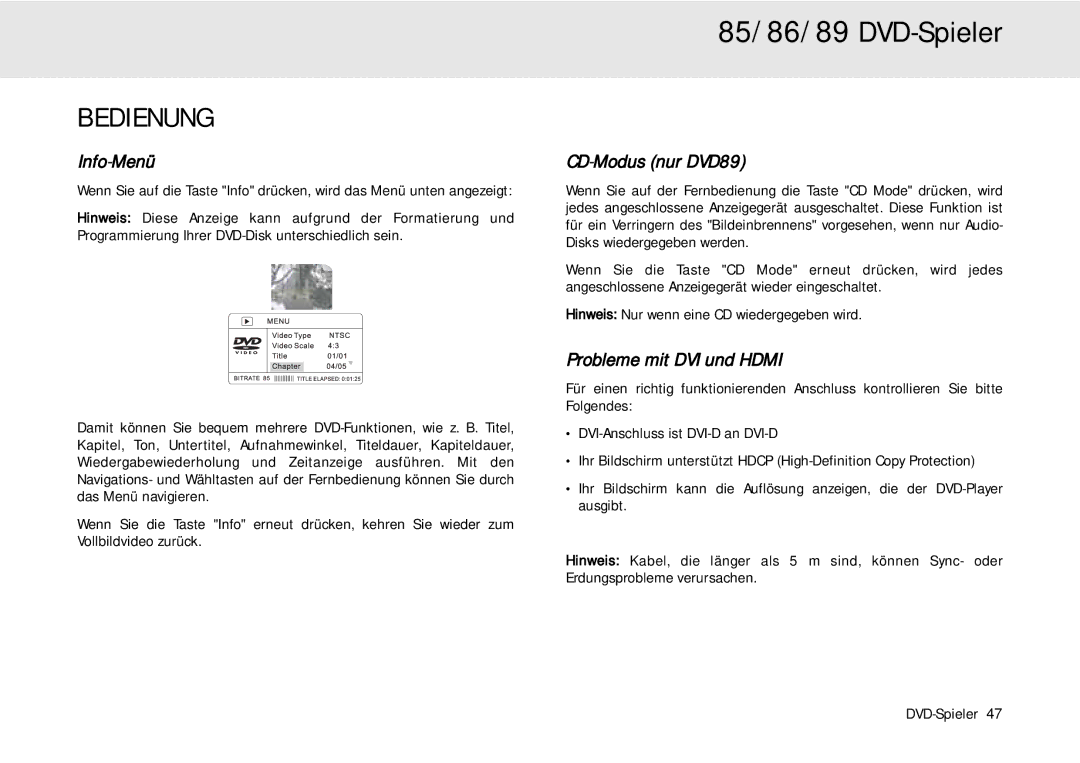 Cambridge Audio 80 Series manual Bedienung, Info-Menü, CD-Modus nur DVD89, Probleme mit DVI und Hdmi 