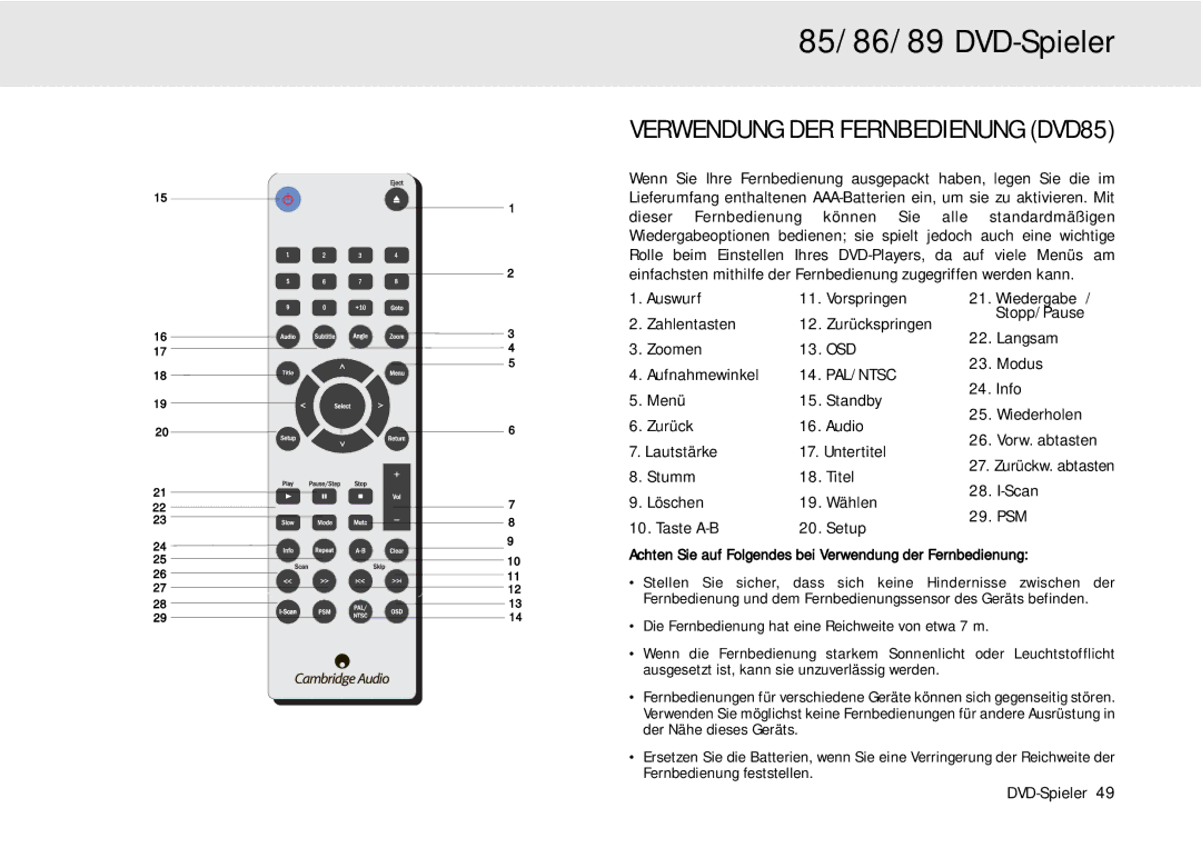 Cambridge Audio 80 Series manual Modus, Aufnahmewinkel, Stumm Titel Scan Löschen Wählen PSM Taste A-B Setup 