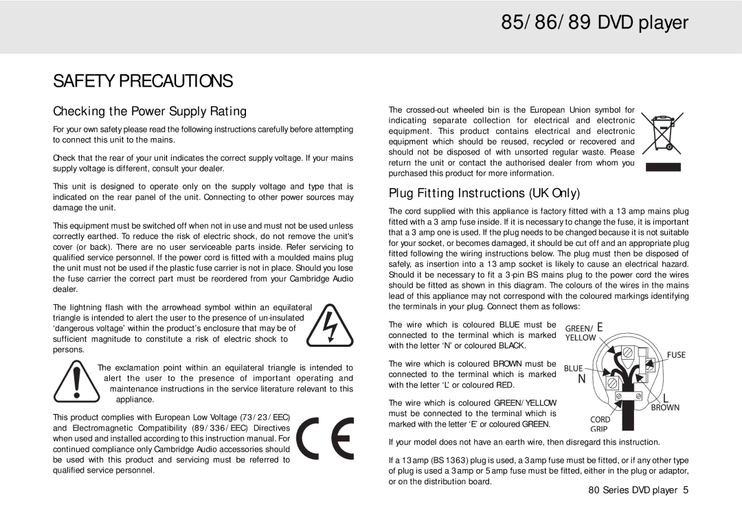 Cambridge Audio 80 Series manual Safety Precautions, Checking the Power Supply Rating 