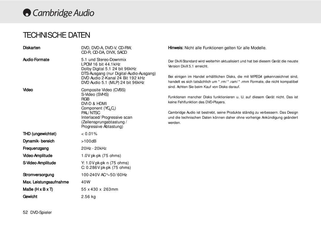 Cambridge Audio 80 Series manual Technische Daten 