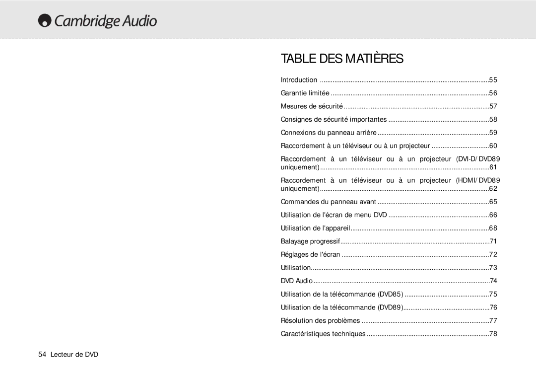 Cambridge Audio 80 Series Table DES Matières, Raccordement à un téléviseur ou à un projecteur DVI-D/DVD89, Lecteur de DVD 