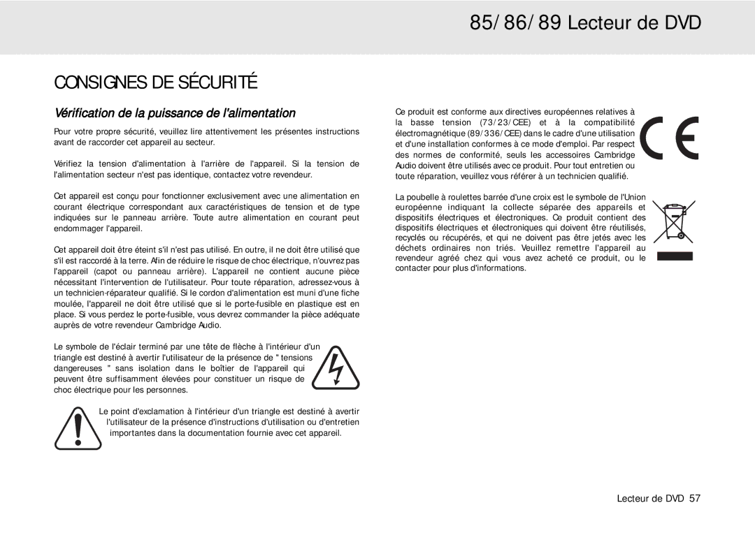 Cambridge Audio 80 Series manual Consignes DE Sécurité, Vérification de la puissance de lalimentation 