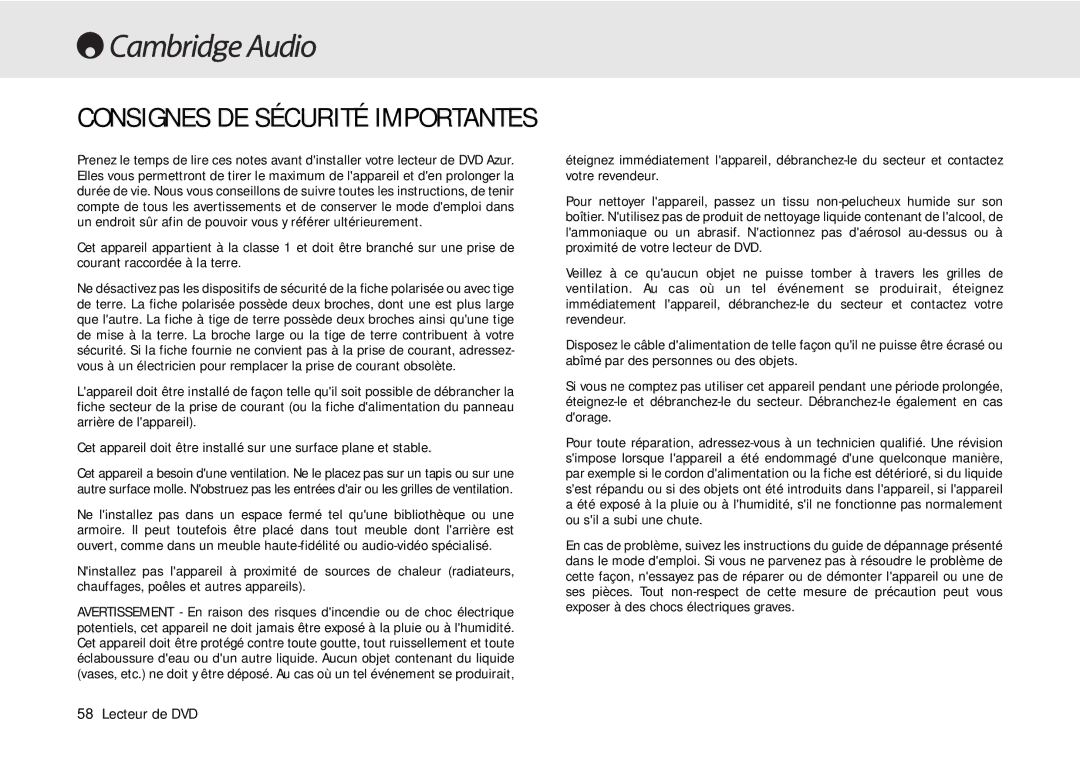 Cambridge Audio 80 Series manual Consignes DE Sécurité Importantes 