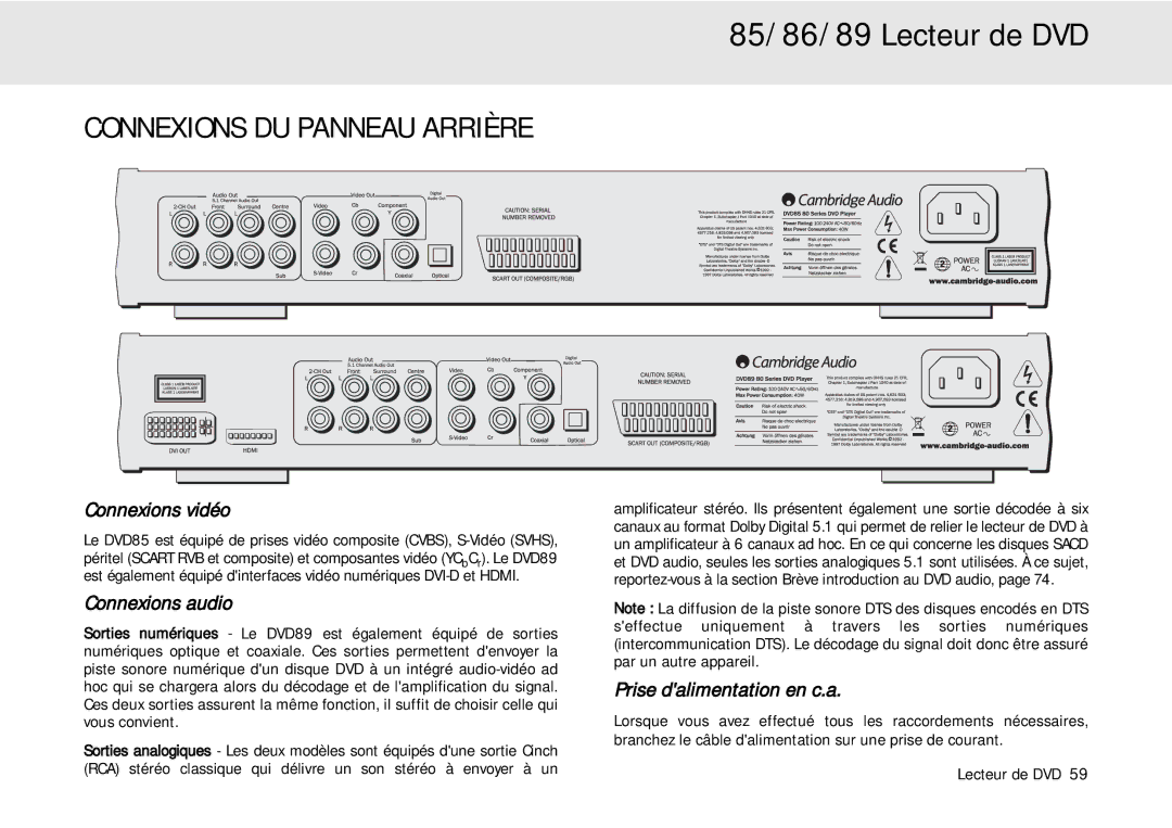 Cambridge Audio 80 Series Connexions DU Panneau Arrière, Connexions vidéo, Connexions audio, Prise dalimentation en c.a 