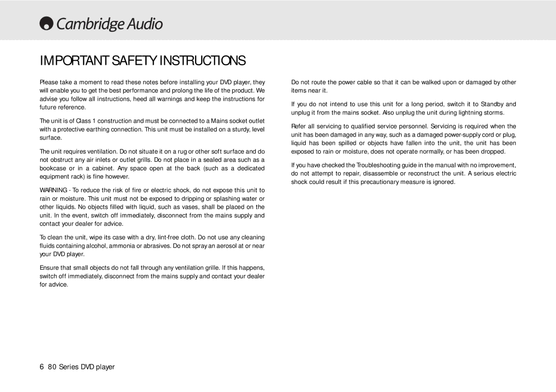 Cambridge Audio 80 Series manual Important Safety Instructions 