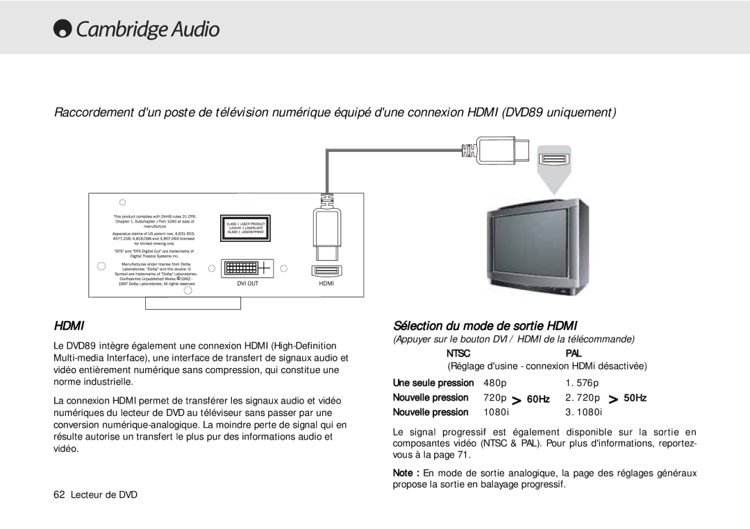 Cambridge Audio 80 Series manual Sélection du mode de sortie Hdmi 